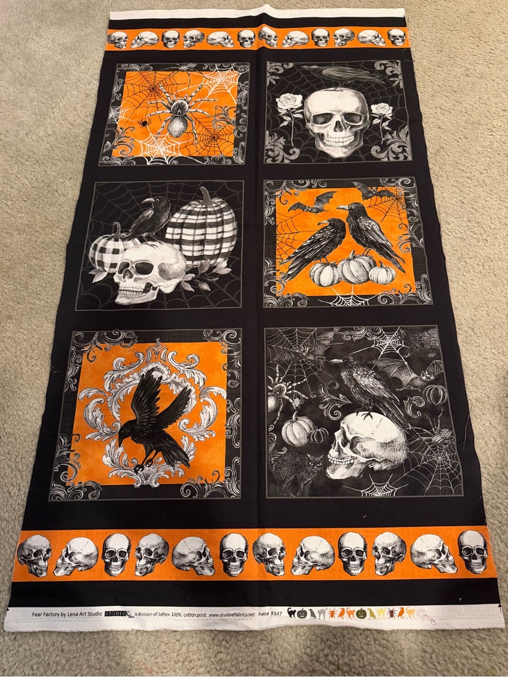 Lena Art Studio Fear Factory Halloween Skull 100% Cotton Fabric Panel 45”